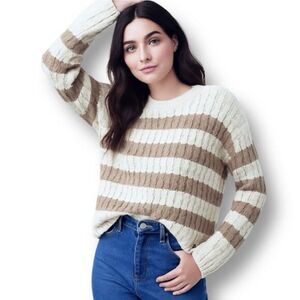 Pilcro Anthropologie M Brown Stripe Cable Knit Sweater Preppy Academia Oversized